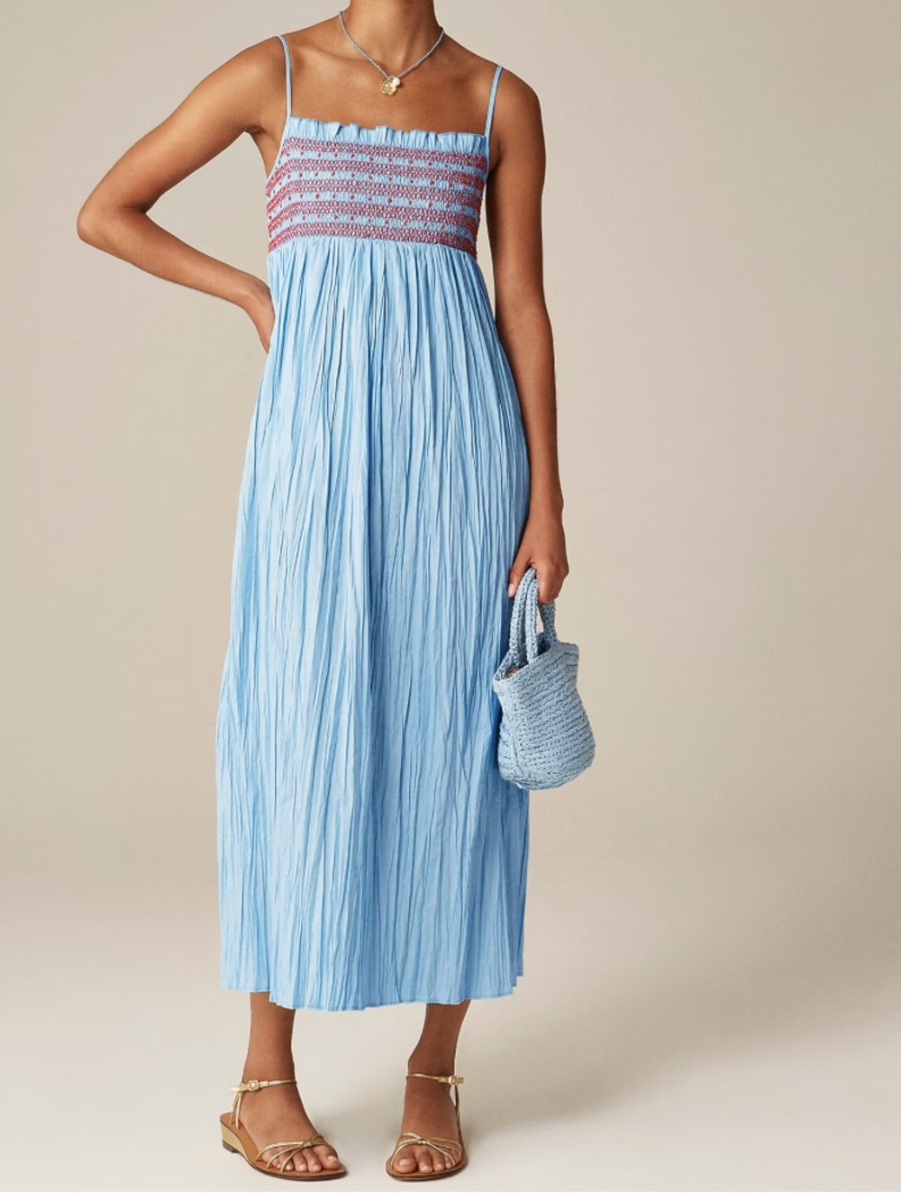 J. CRew Dress Maxi Catania crinkled dress sundress blue red smocked chic bojo